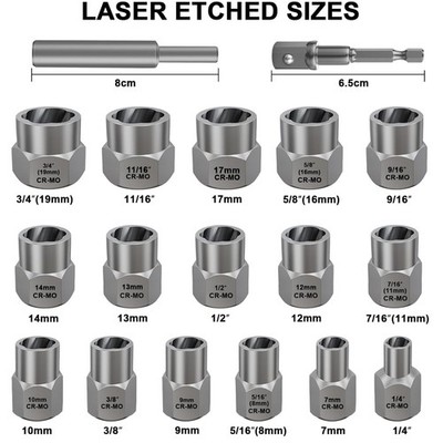 Stripped Bolt Extractor Kit, 18-Piece Set, Heavy-Duty Steel