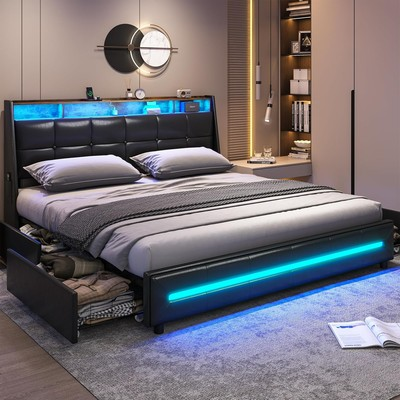 #ad King Size Bed Frame with Drawers LED Upholstered Leather Bed with Storage Black $349.99
