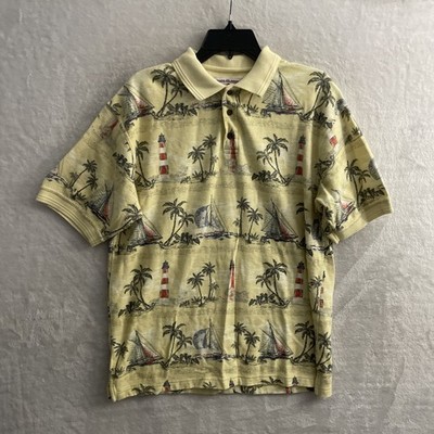 Boca Classics Mens Polo Shirt Yellow Hawaiian Floral M Cotton VTG Short Sleeve