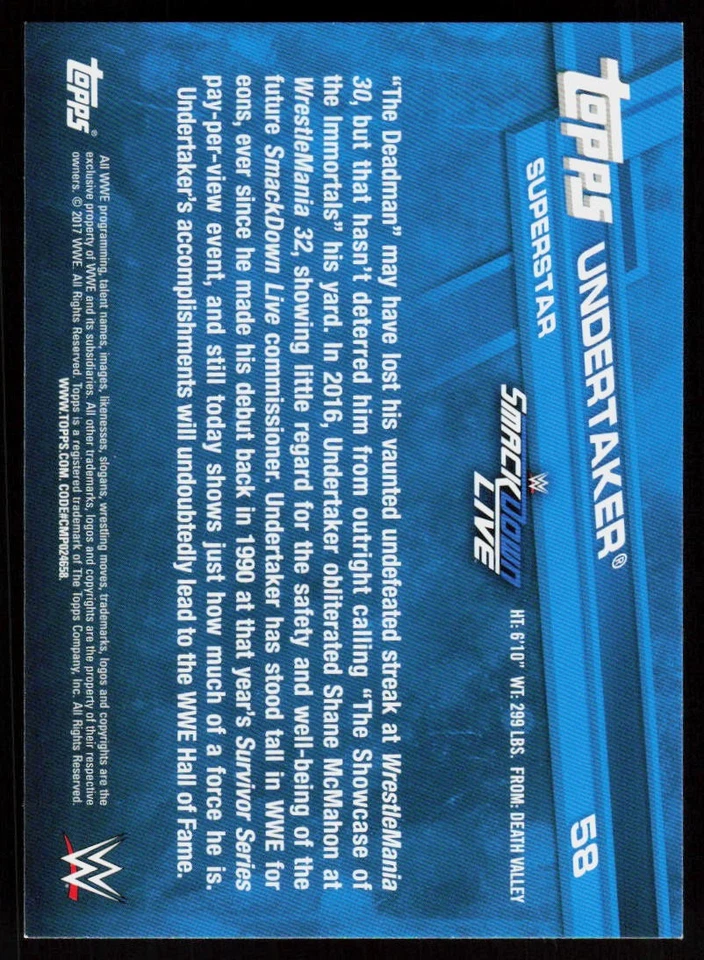 2017 Topps WWE Undertaker #58 WRESTLING CARD - Image 2 of 2