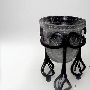 Crackle Glass Candle Holder w/ Black Metal Stand, Small Round Votive/Tea Light
