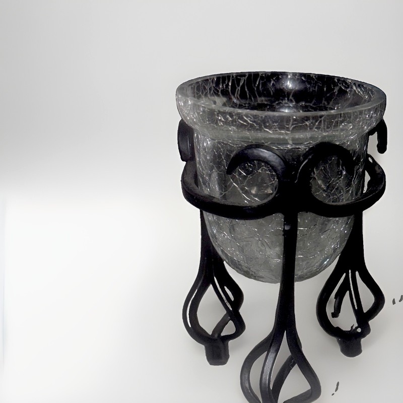 Crackle Glass Candle Holder w/ Black Metal Stand, Small Round Votive/Tea Light