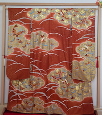Authentic Japanese Kimono Silk Furisode Red Butterfly Embroidery Gold Clouds Art
