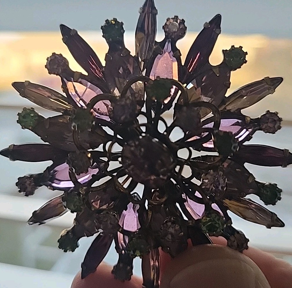 Vintage Signed Alice Caviness Purple Rhinestone & Art Glass Brooch 