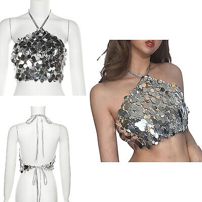 Womens Glitter Silver Sequin Halter Backless Bra Cropped Top Festival Party  Club