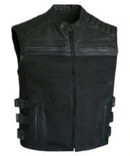 Swat Style Leather & Denim Vest Men Motorcycle Tactical Concealed Carry