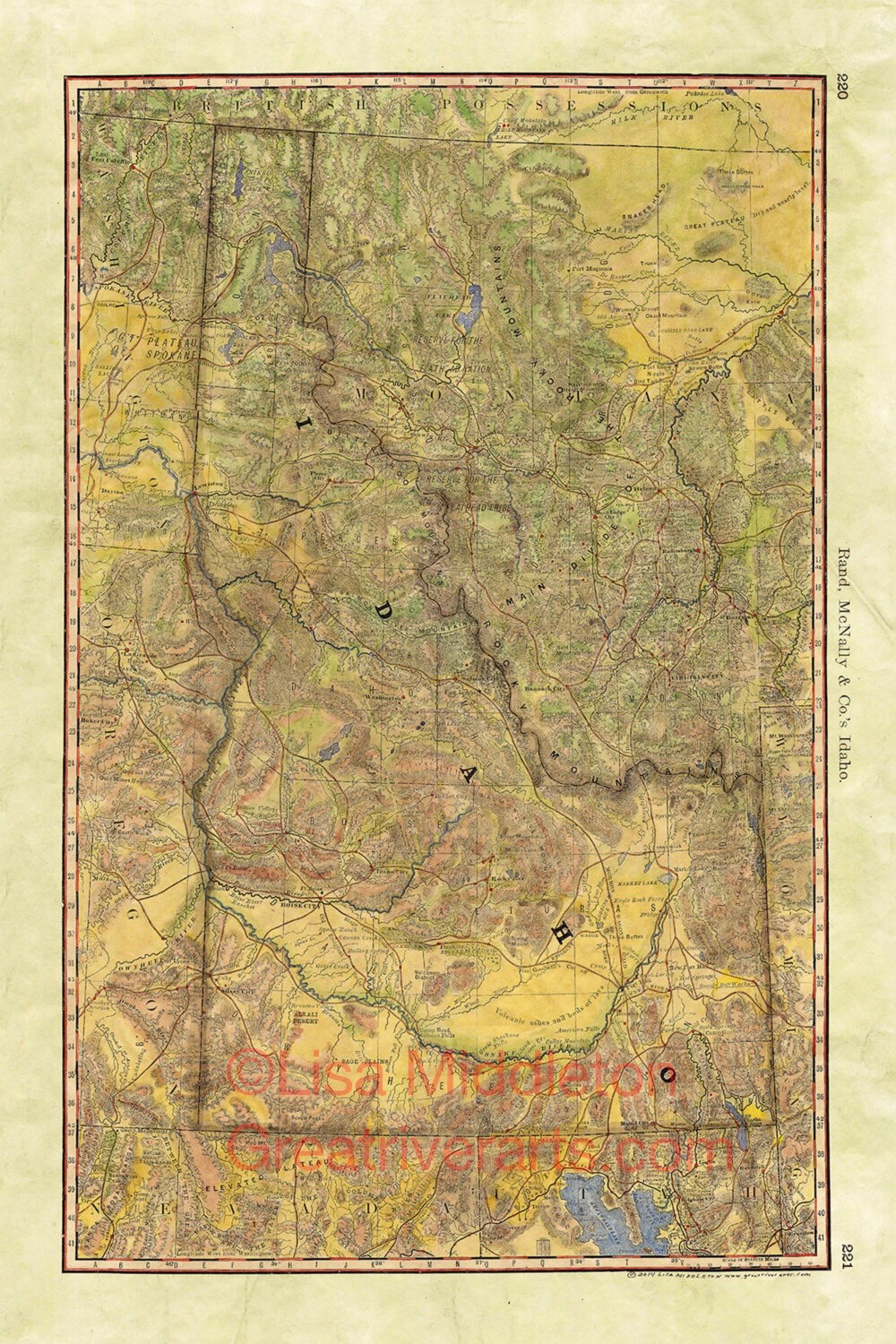 Antique Idaho Wagon Roads Historic Map Artwork Wall Art Print Vintage