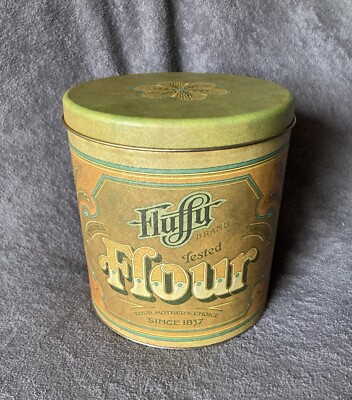 1970 s Fluffy Brand Flour Tin / Can w/ Lid VINTAGE Ballonoff