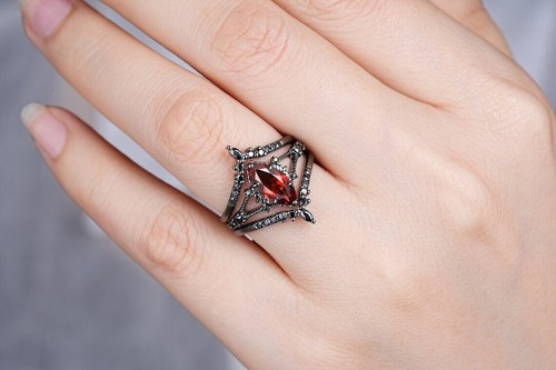 14K Black Gold Plate 925 Silver Natural Garnet Marquise Cut Wedding Ring for Her - Picture 7 of 10