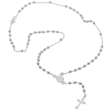 925 Sterling Silver Rosary Necklace 20” Prayer Chain 3mm Beads Cross Medal Mary