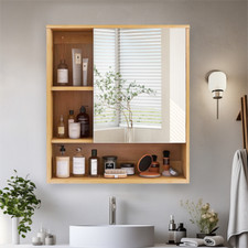 Large Wall-Mounted Medicine Cabinet Bamboo Bathroom Mirror with Storage Shelves