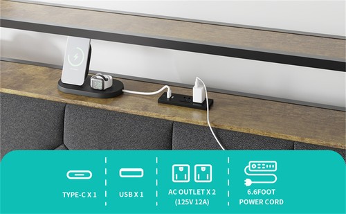 Queen Size Bed Frame w/ Upholstered Headboard & LED Lights & USB Ports - Picture 6 of 13