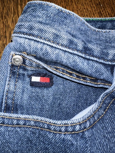 Vtg Tommy Hilfiger Y2K Jean Shorts Kids Youth 18 Freedom Leather Patch Jorts - Picture 2 of 13