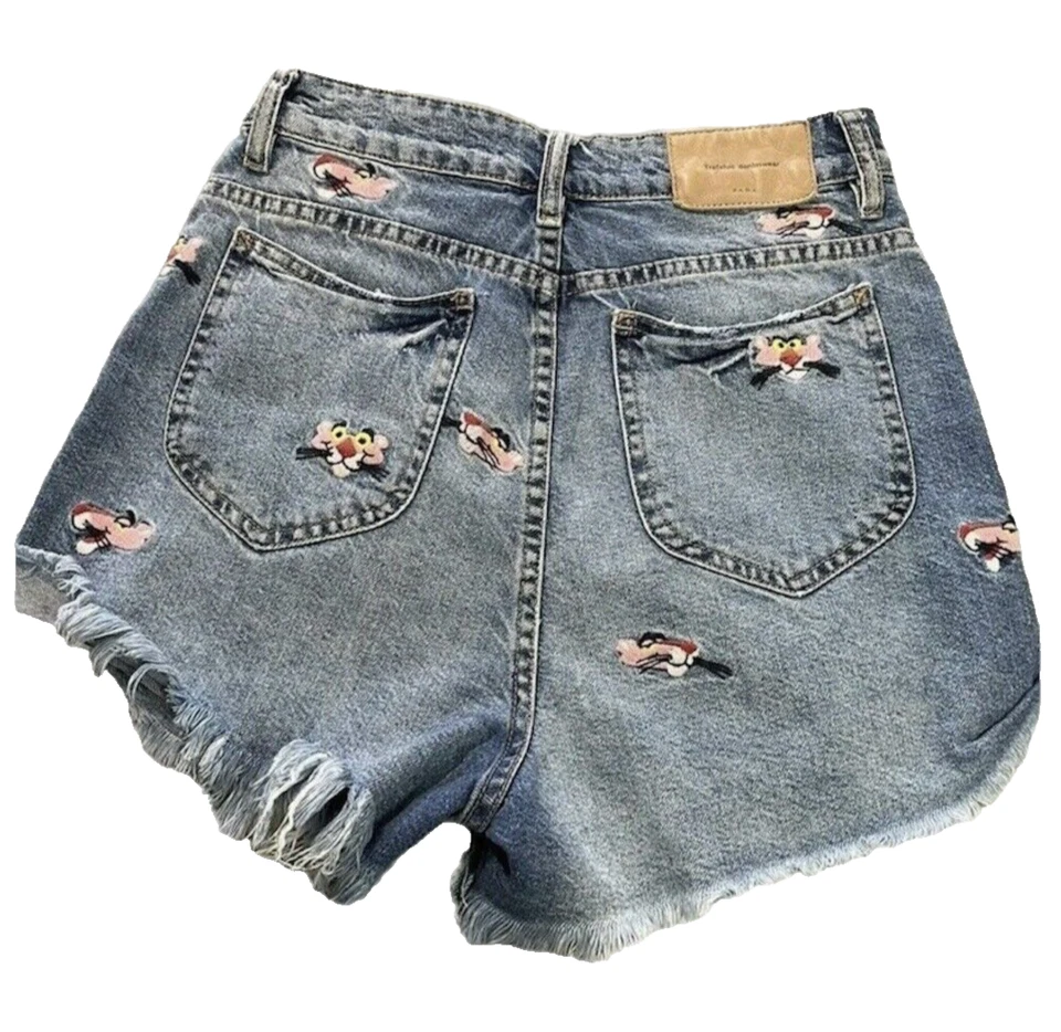 Pantalones Cortos de Denim Zara Rosa Pantera Distroyed Azul Envejecido Cintura Alta Talla 4 Foto 2 de 4