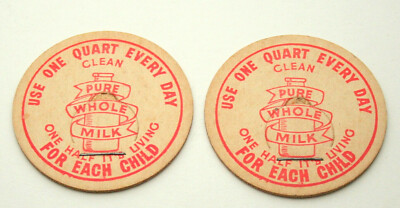 2 Vtg Use 1 Quart Every Day For Each Child Dairy Pure Milk Bottle Cap NOS 1950s
