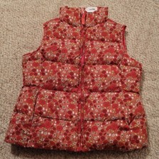 Lands' End Quilted Down Vest Girls Sz Large 6X Zip Up Pink Floral Design Pockets