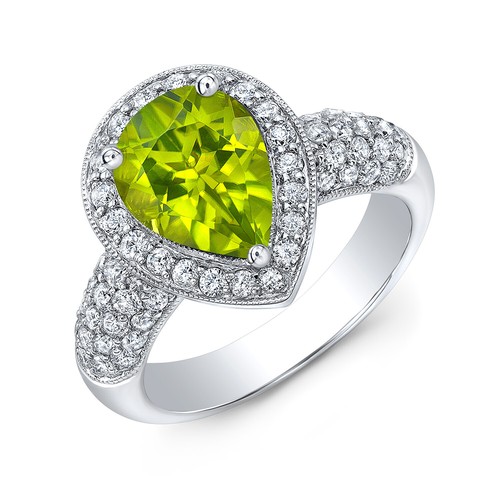 Corte Pera Verde Peridoto Anillo con Diamante 18k Oro Blanco Lágrima Pavé Cóctel - Imagen 2 de 2