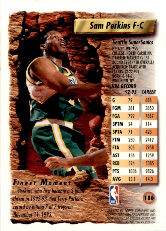 1993-94 Topps Finest Sam Perkins Seattle SuperSonics #186 - Image 2 of 2