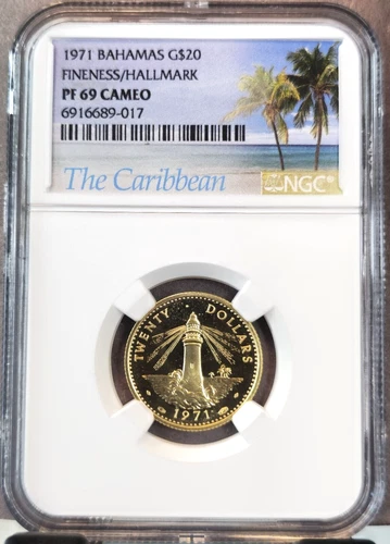 1971 BAHAMAS GOLD 20 DOLLARS LIGHTHOUSE NGC PF 69 CAMEO RARE TOP POP