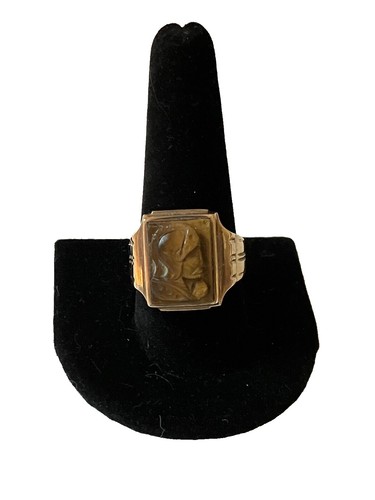 Vtg Stamp 14KT H.G.E. U w/ Arrow Gold Plate Ring Tigers Eye