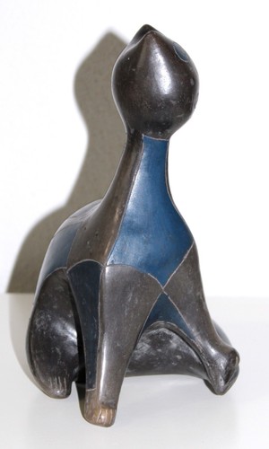 Manuel Felguerez Barra CAT Figurine Black Pottery w Blue Mid Century - Picture 5 of 8