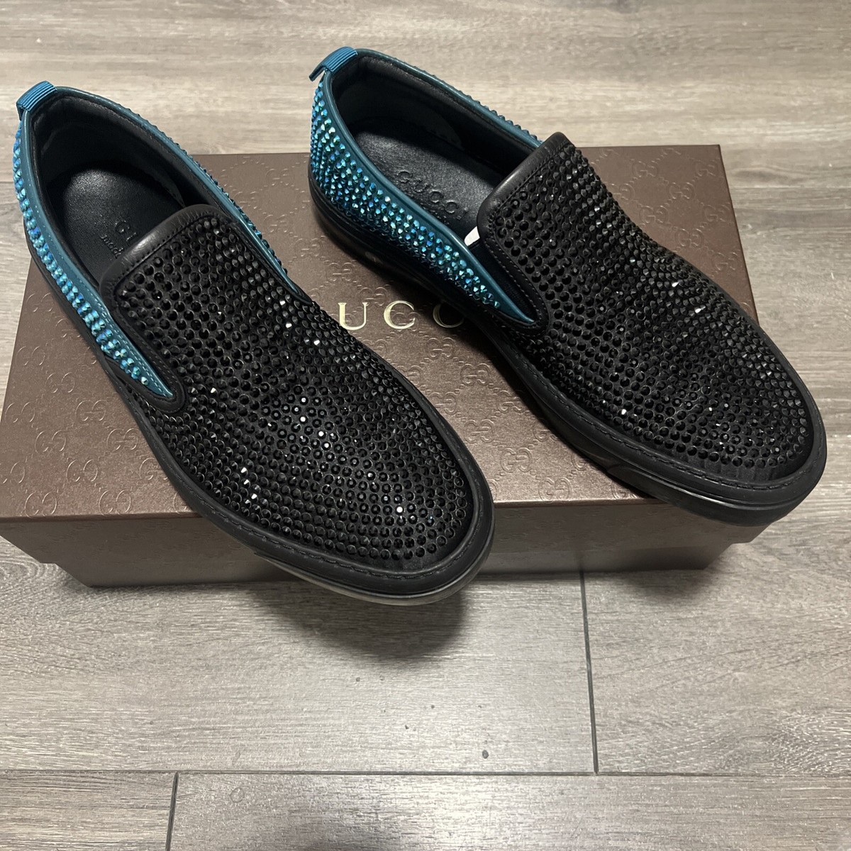 Gucci crystal satin ship on shoes size 41 Gucci Blue Satin Crystal Embellished High Top Sneakers Size  main image 3