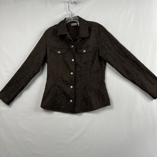 Chicos 0 Jacket Womens size S Floral Embossed Button Front Textured Brown