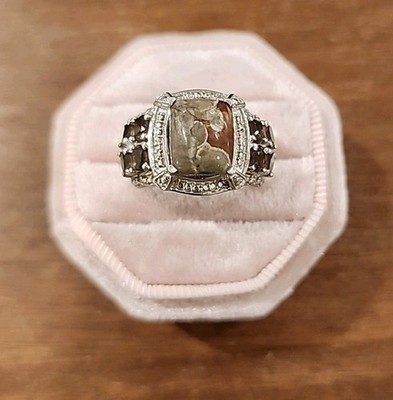 Es handelt sich um einen braunen Regenwald Jaspis und Rauchquarz Ring in 925 Sterling.  Gr. 8