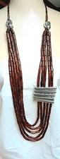 Unusual Large Long Brown Wood, Silver Tone Bead Statement Necklace J200