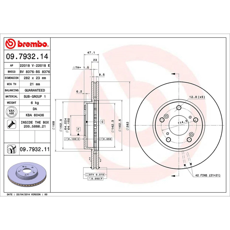 Rotor de freno de disco delantero Brembo para Honda Accord 1998 1999 2000 2001 2002 Foto 4 de 4