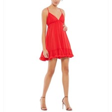 Mac Duggal 70194 Red Cocktail Dress Chiffon Ruffled A-Line Baby Doll Mini Size 0