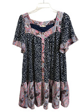 Entro Mini Dress Medium Mixed Print Paisley Boho Pockets Button Whimsy Girly