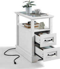 End Table with Charging Station, Narrow Sofa Couch Side Table with Storage Drawe
