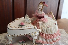 Germany Antique Dresden Porcelain Lace Doll Lady Playing Piano Figurine Irish