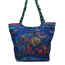 Laurel Burch Canine Family Canvas Tote Purse Bag Colorful Blue Dogs Whimsical
