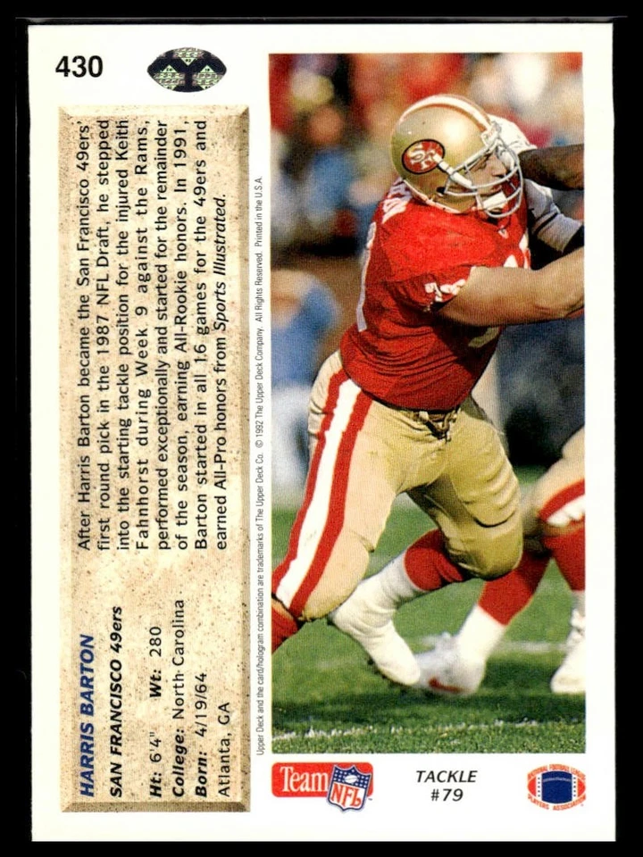 1992 Upper Deck #430 Harris Barton - Image 2 of 2