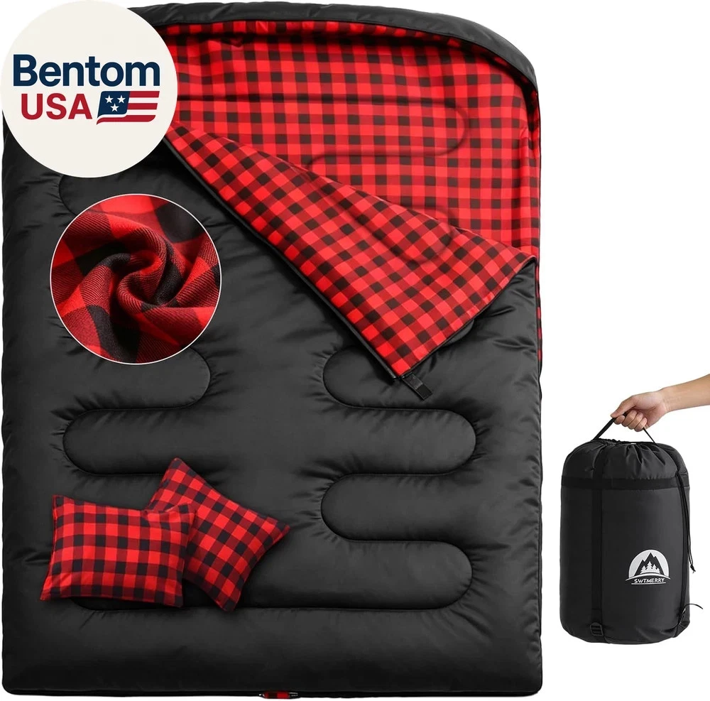 Double Sleeping Bag for Adults with 2 Pillows, Big&Tall XL Queen Size Sleeping B