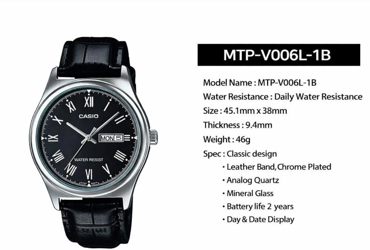 CASIO MTP-V006L-1B Men's Analog Watch Black Dial Leather Strap Day