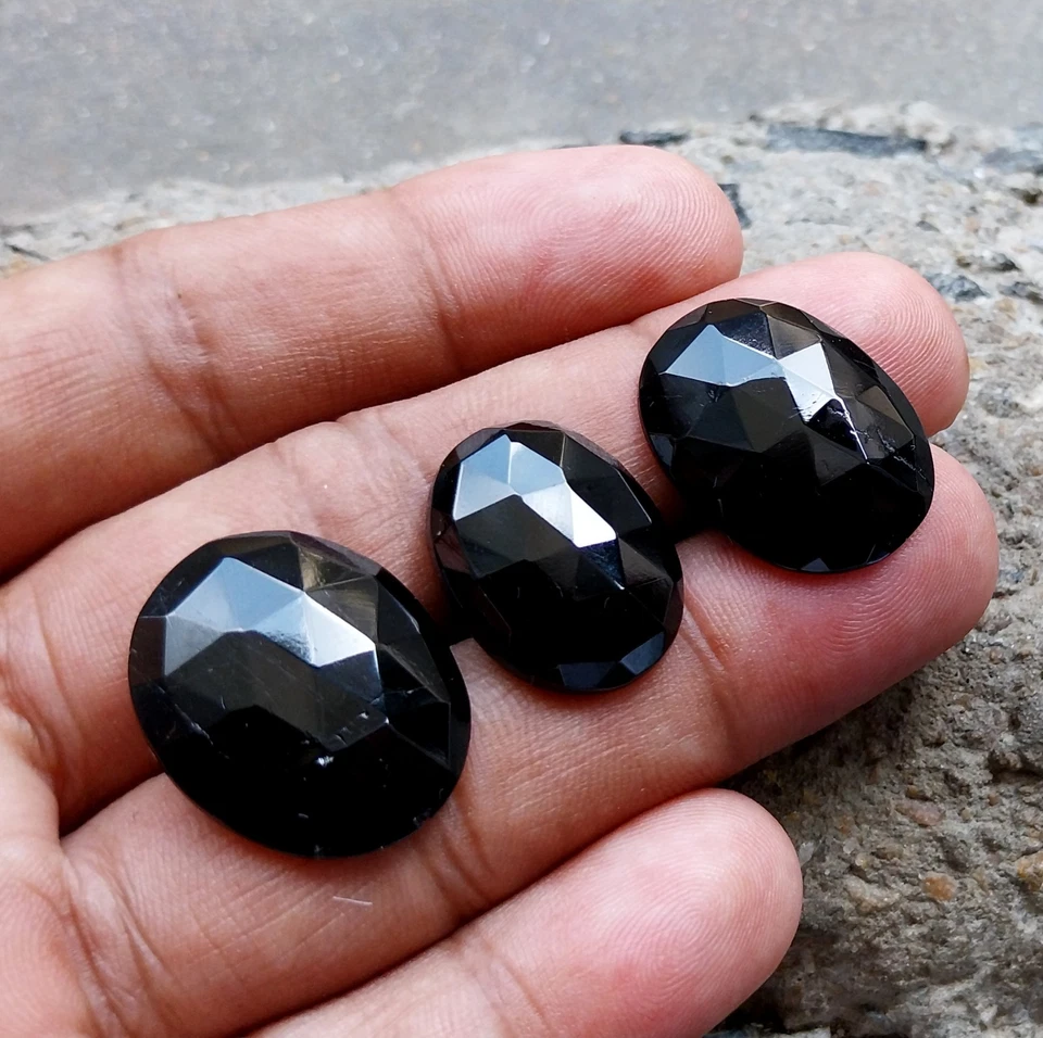 52 Ct 16x21 to 18.5x24 MM Natural Black Tourmaline Rose Cut Oval 3 Piece Lot - Image 3 of 4