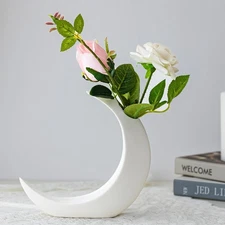 White Ceramic Vase for Home Decor, Crescent Moon Decorative Vase for Pampas Gras