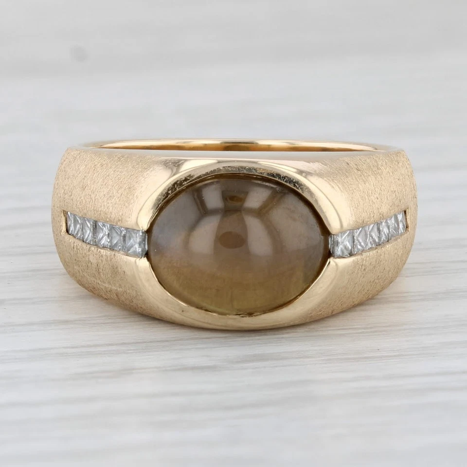 Anillo de diamantes crisoberilo ojo de gato marrón oro amarillo de 14 k talla 10,5 para hombre GIA Foto 2 de 4
