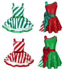 Kids Girls Shiny Candy Cane Stripes Christmas Dress Ballet Dance Costumes