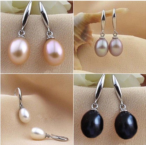 Fashion Jewelry Natural 8-9mm Freshwater Pearl Silver Dangle Earrings - Picture 1 of 13