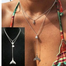 Silver Beach Necklace Seashell Starfish Choker Layered Lariat Whale Tail Charms