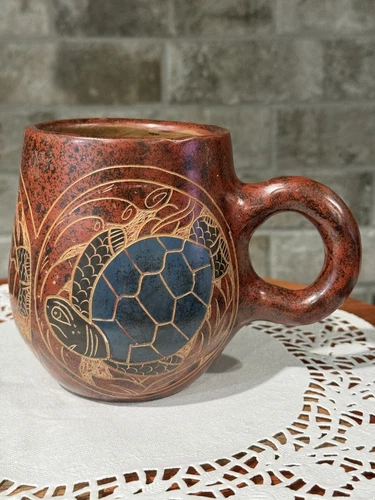 Beautiful Etched Turtle Pottery Mug / Cup -3 Different Colors