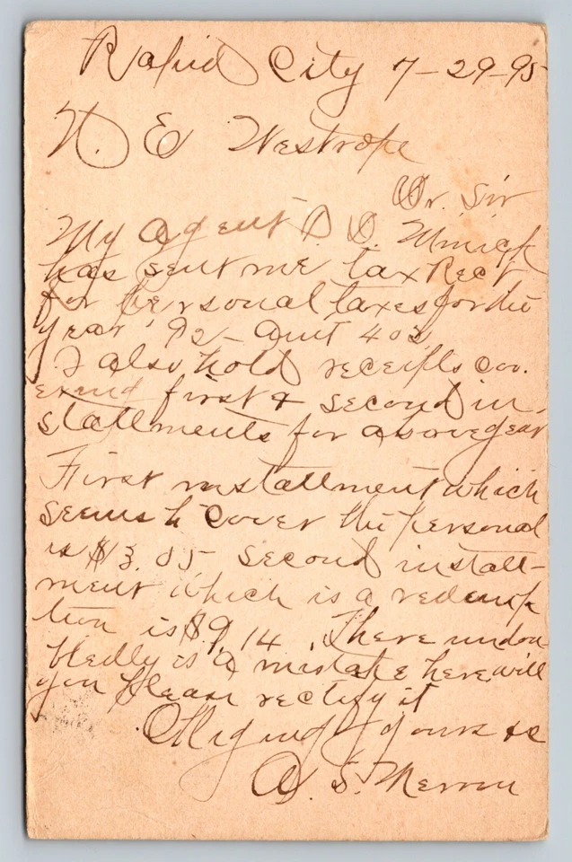 c1895 Postal Card RAPID CITY SD To CORNING IA Tax Information FANCY Cancellation - Image 4 of 4