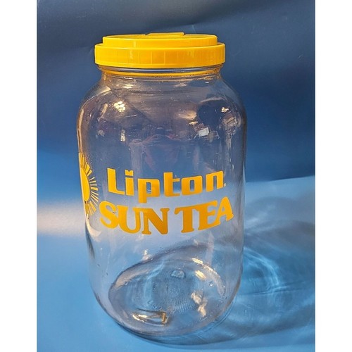 Vtg Lipton Sun Tea Jug Glass Gallon Jar 80s Retro Yellow Flip Top Lid NO HANDLE eBay