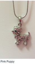 Dog Necklace Pendant pink blue Clear Stones Chain Puppy