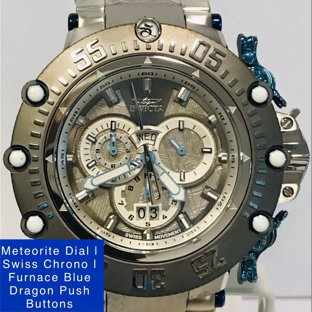 52mm Blue DRAGON Pushers | METEORITE Swiss Chrono SUBAQUA NOMA VII