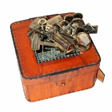 FUNCTIONAL solid brass maritime marine nautical sextant with leather box vintage